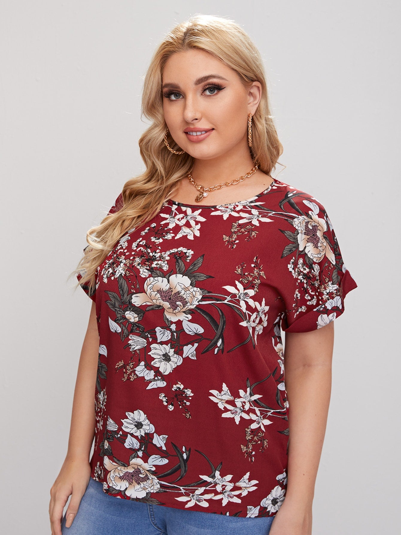 Plus Floral Print Cuffed Top