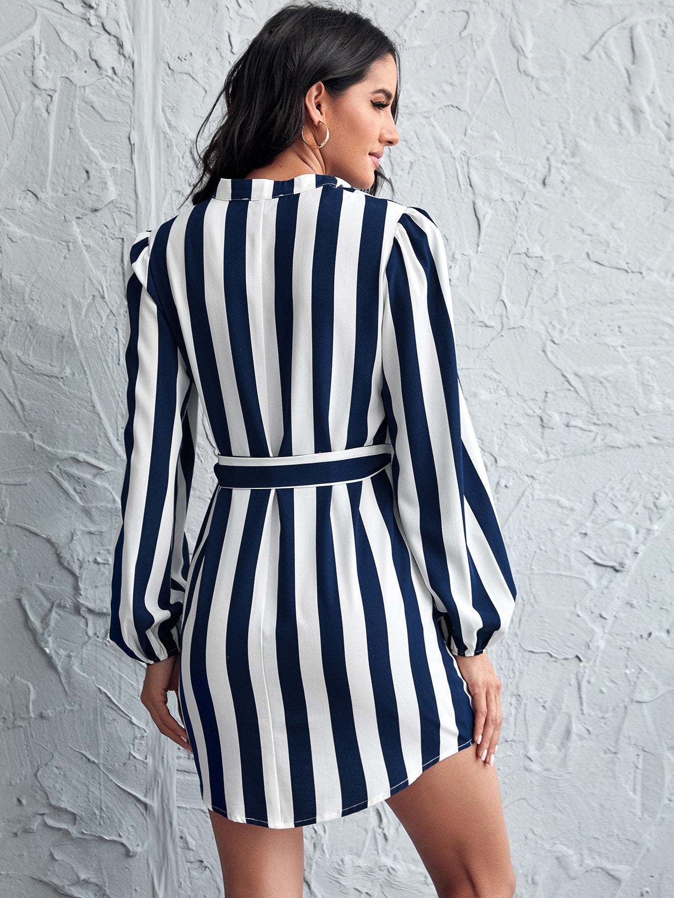 Notch Neck Lantern Sleeve Belted Striped Dress