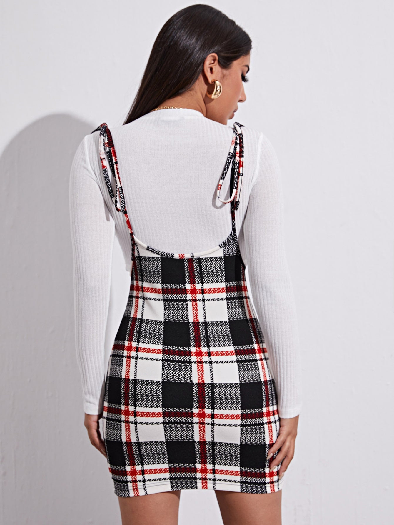 Plaid Tie Shoulder Overall Dress