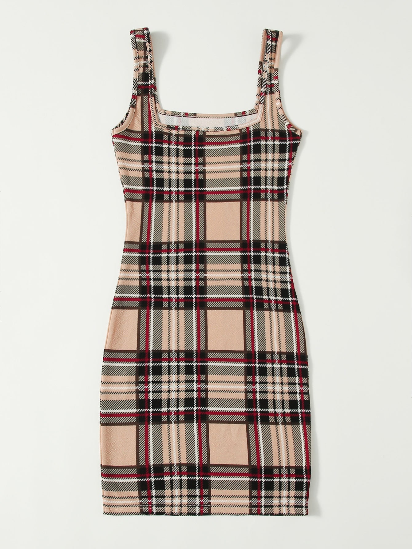 Double Square Neck Plaid Bodycon Dress