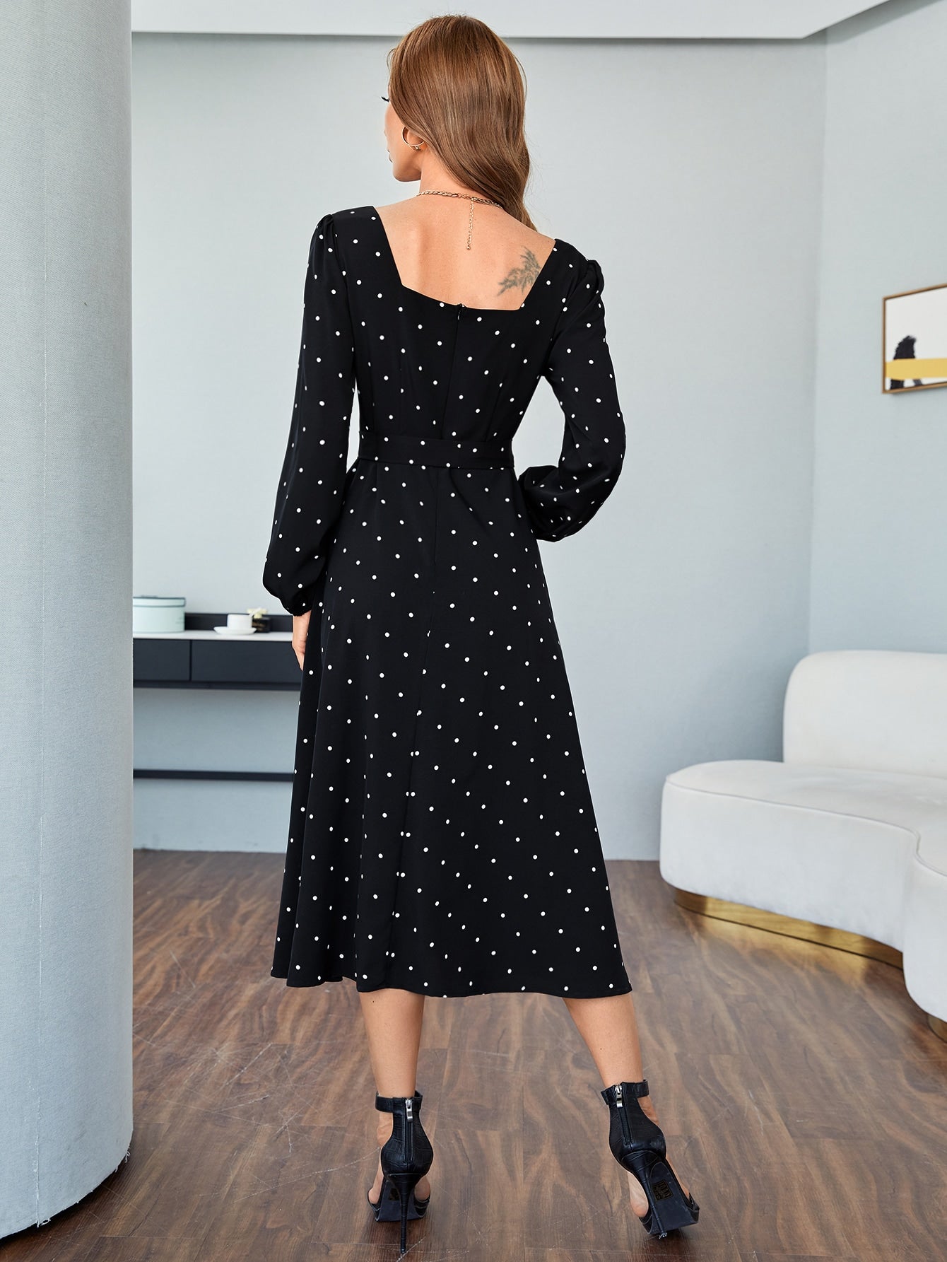 Polka Dot Zipper Back Square Neck Belted Dress