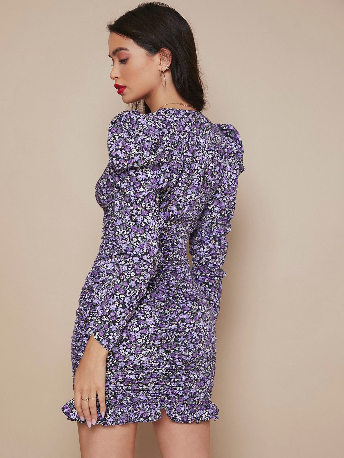 V-neck Gigot Sleeve Ruched Detail Ditsy Floral Dress