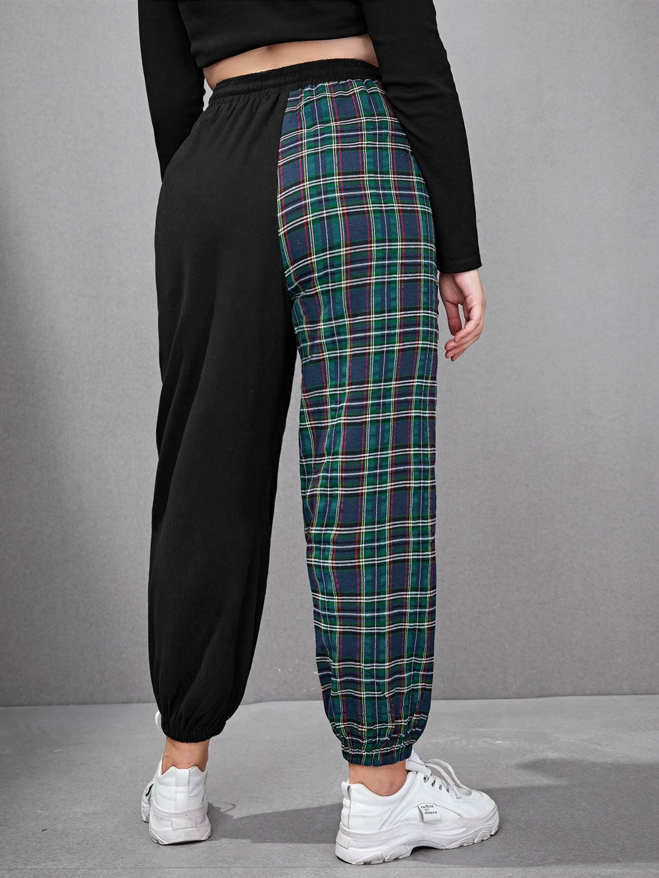 Plus Contrast Tartan Plaid Chain Drawstring Sweatpants