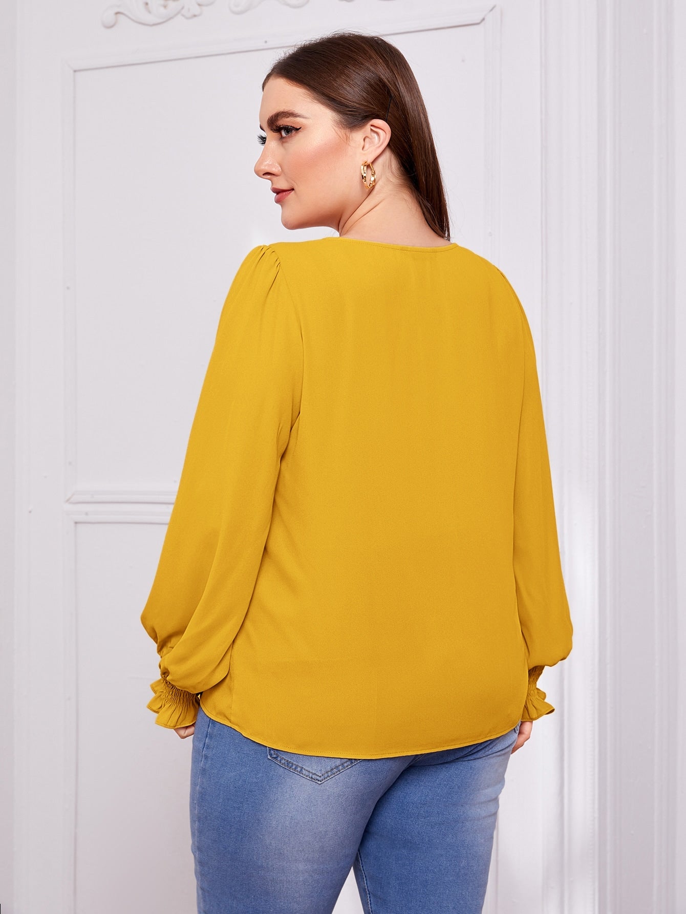 Plus Button Front Shirred Panel Blouse