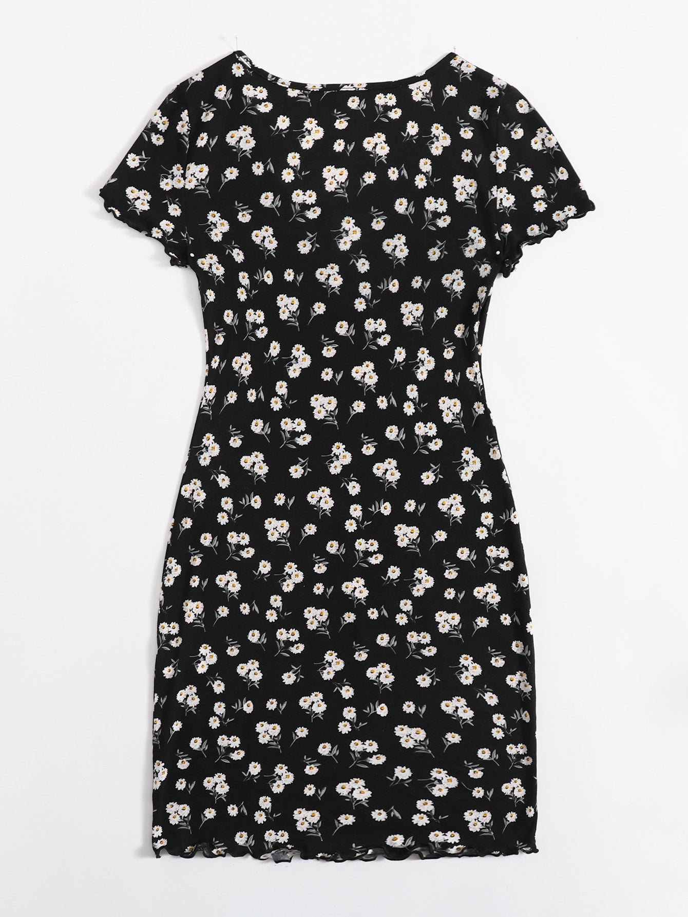 Notched Neck Lettuce Trim Daisy Floral Dress