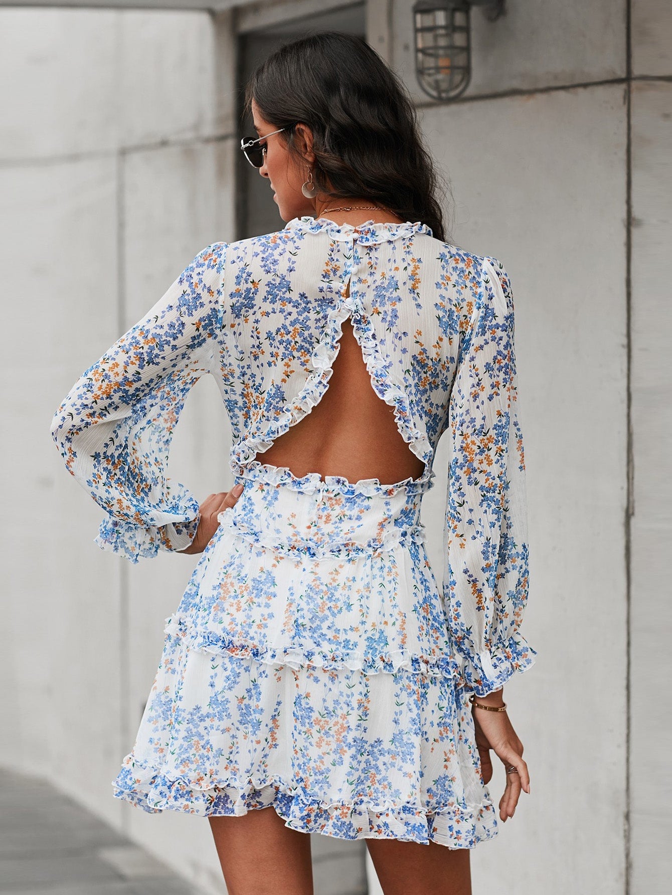 Ditsy Floral Frill Trim Open Back Dress