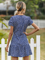 Ditsy Floral Ruched Sleeve Ruffle Hem Dress