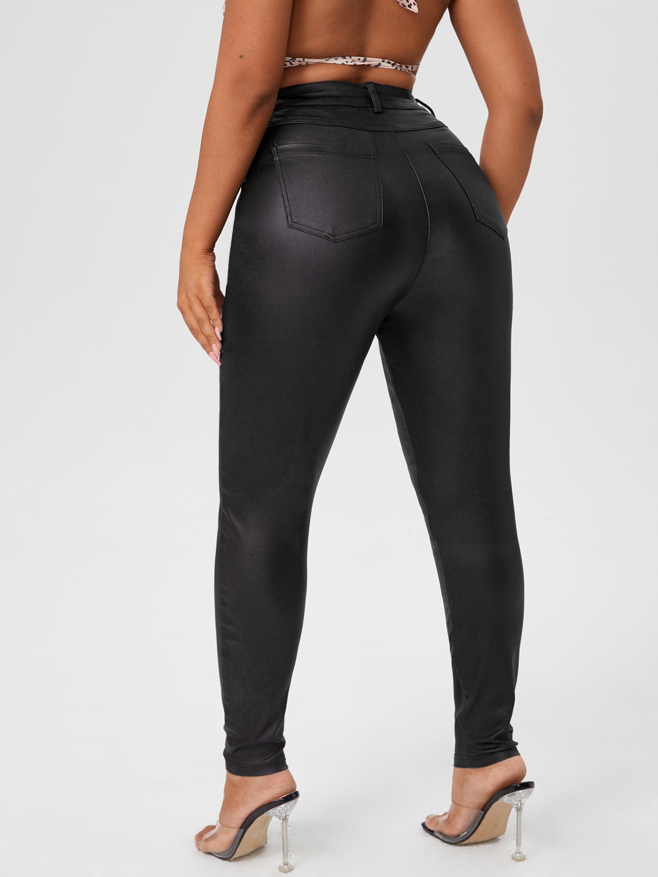 Plus Curvy High Waist Leather Look Skinny Jeans