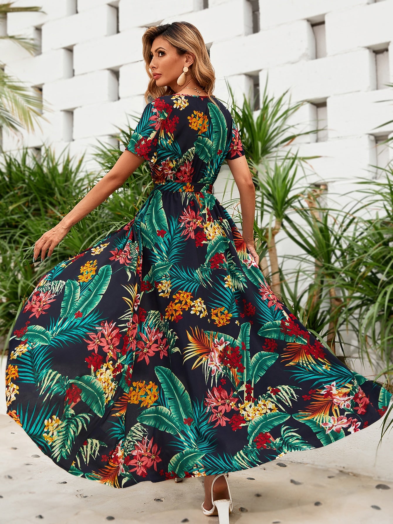 Floral And Tropical Print Belted Wrap Dress