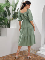 Lantern Sleeve Ruched Ruffle Hem Dress