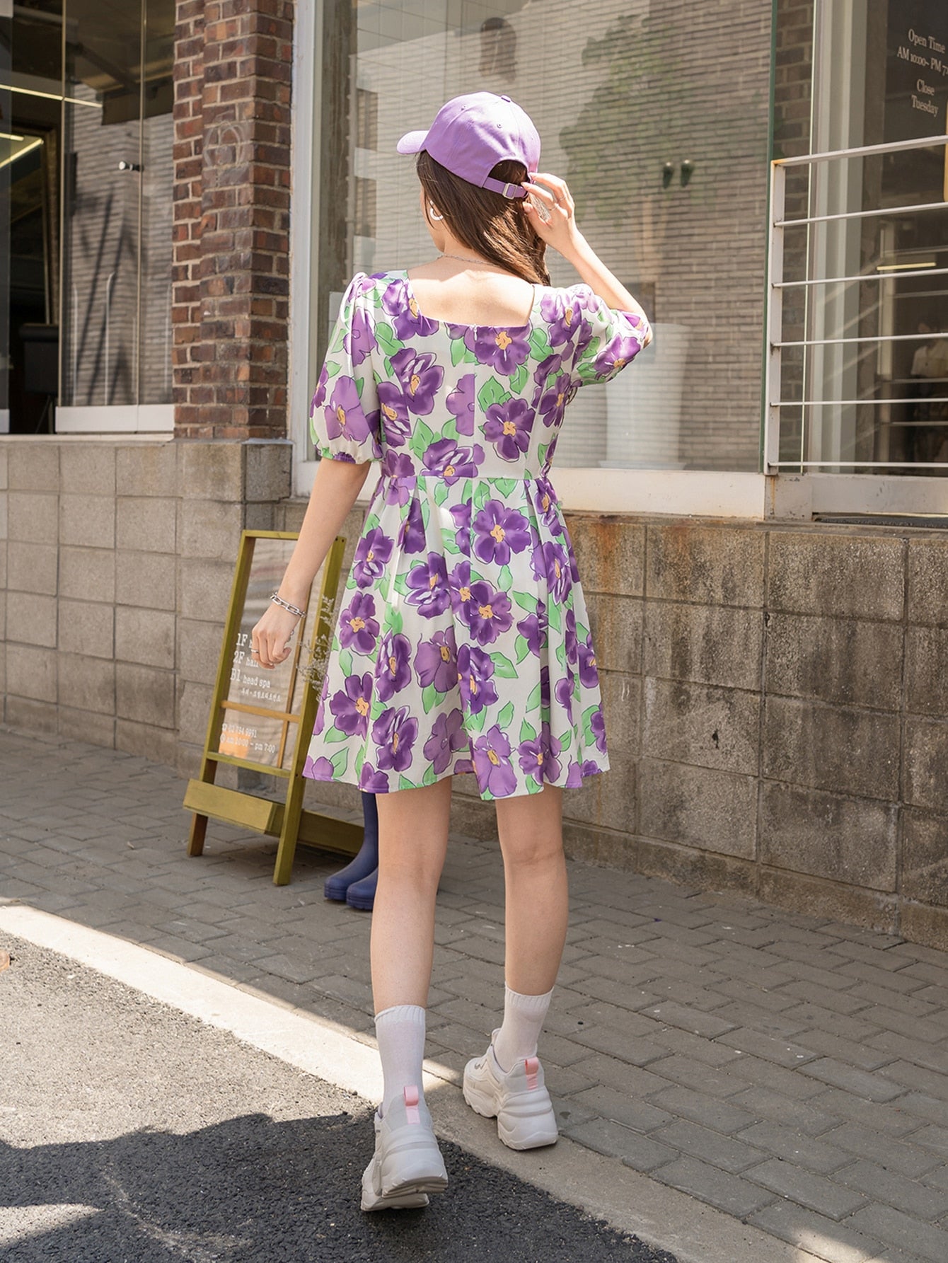 Square Neck Puff Sleeve Floral Dress