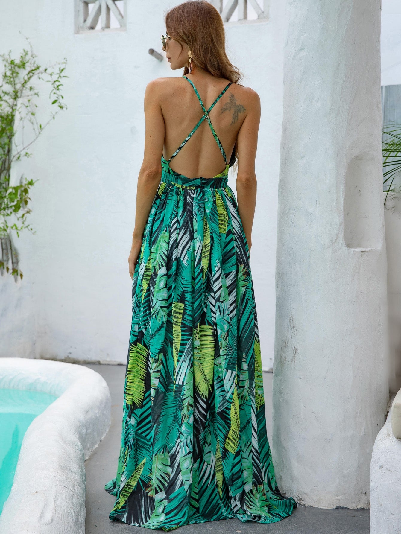 Tropical Print Criss Cross Back Split Thigh Cami Dress