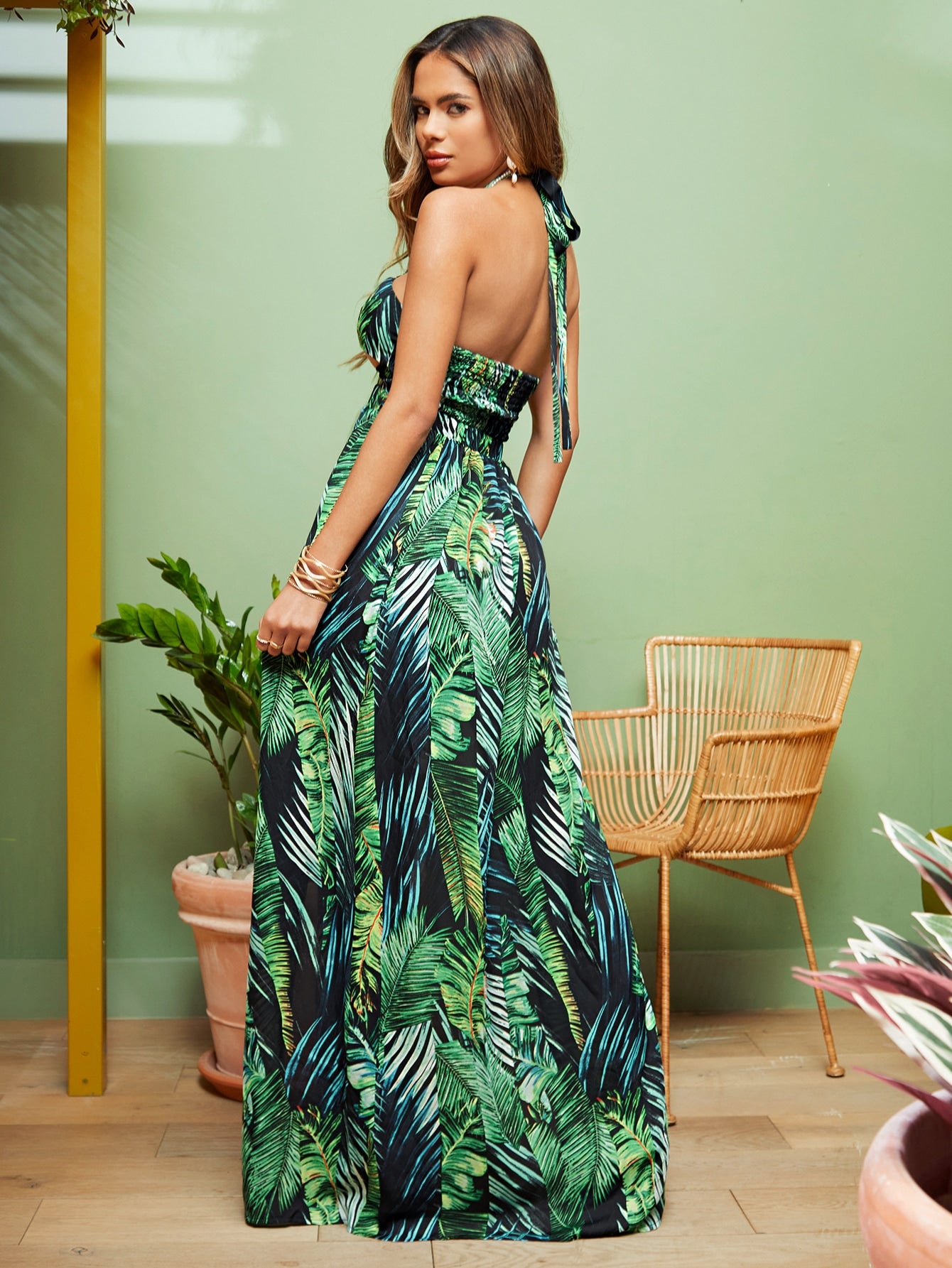 Tropical Print Shirred Back High Split Crisscross Halter Dress