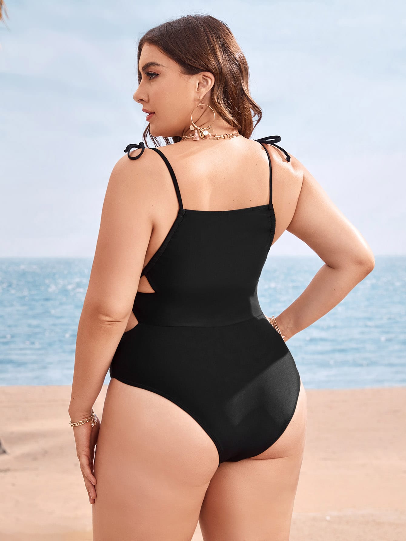 Plus Cut Out Tie Shoulder One Piece Swimsuit