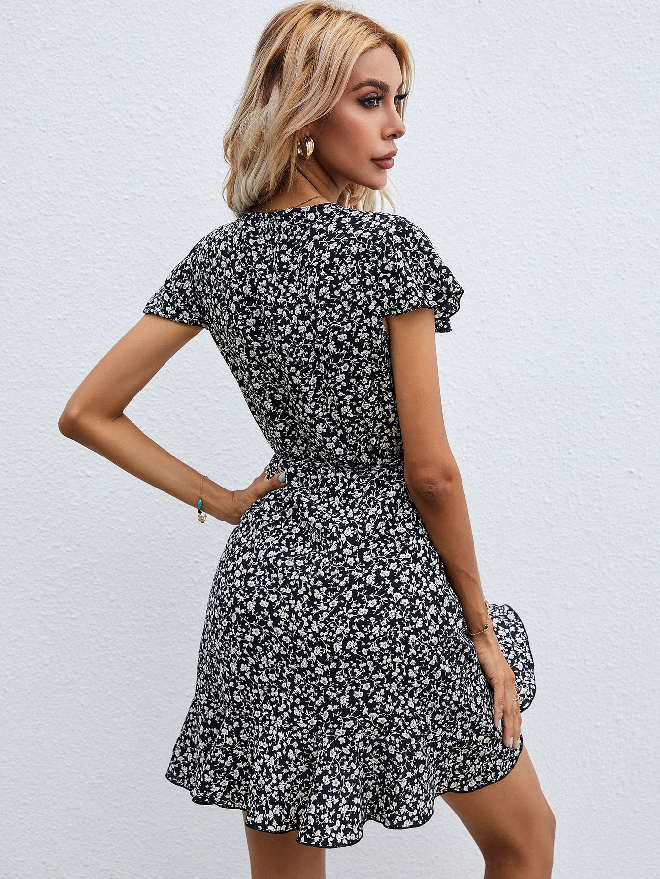 Ruffle Trim Ditsy Floral Wrap Dress