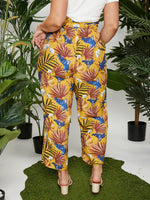 Plus Tropical Print Paperbag Waist Belted Pants