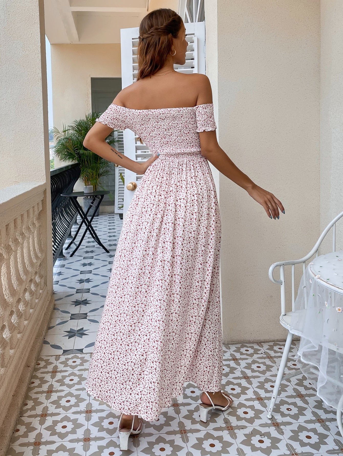 Off Shoulder Shirred Bodice Split Thigh Ditsy Floral Dress