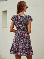 Allover Floral Print Butterfly Sleeve Ruffle Hem Dress