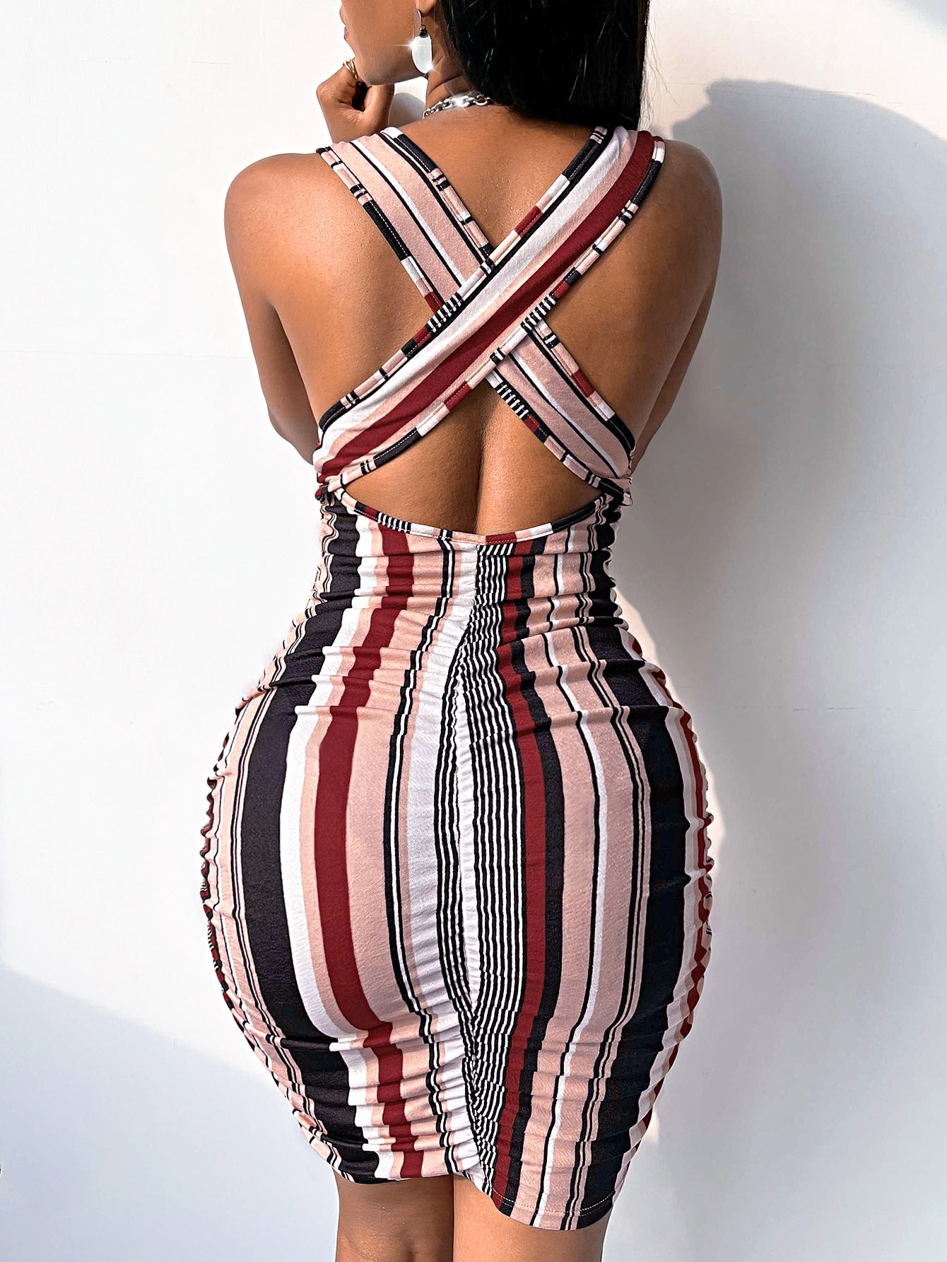 Striped Criss Cross Back Bodycon Dress