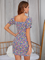 Puff Sleeve Tie Front Slit Hem Ditsy Floral Dress