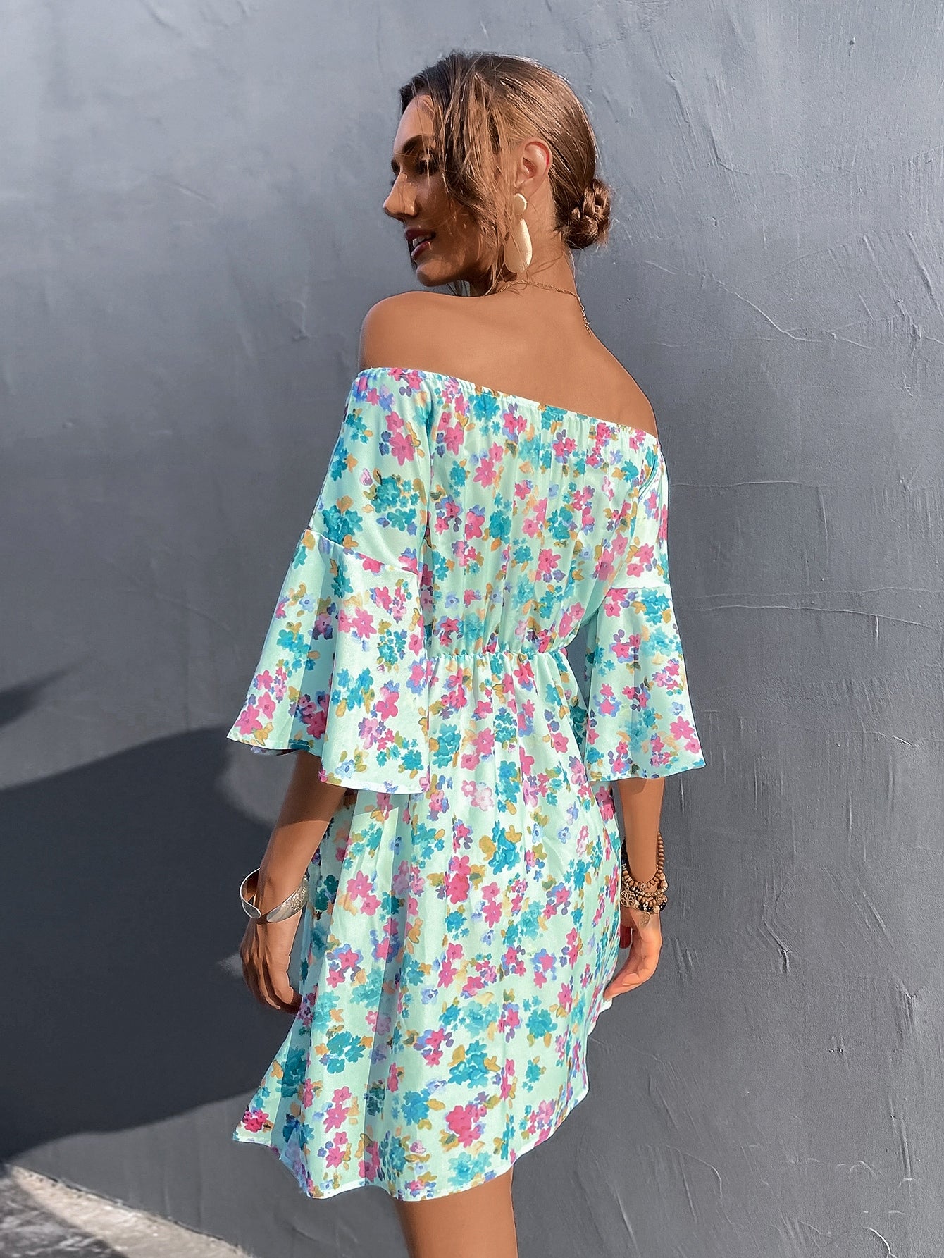 Allover Floral Bardot Dress Without Belted