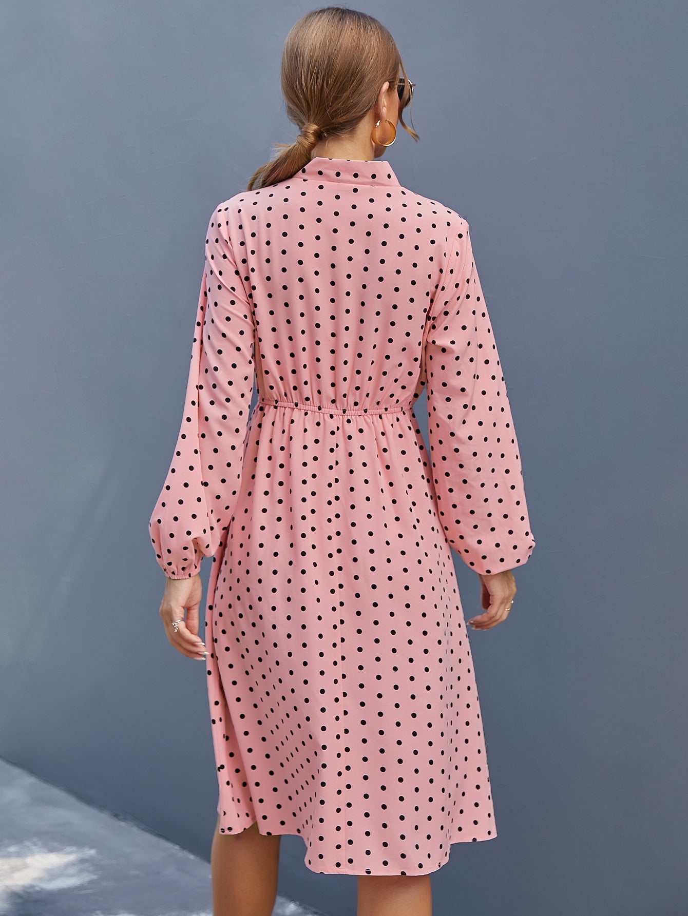 Polka Dot Print Tie Neck Lantern Sleeve Dress