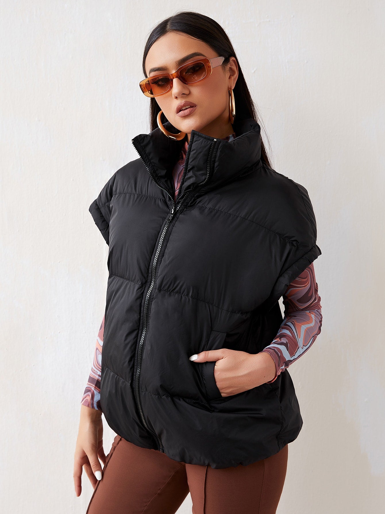 Batwing Sleeve Zip Front Puffer Coat