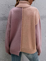 Colorblock Stitch Trim High Neck Sweater