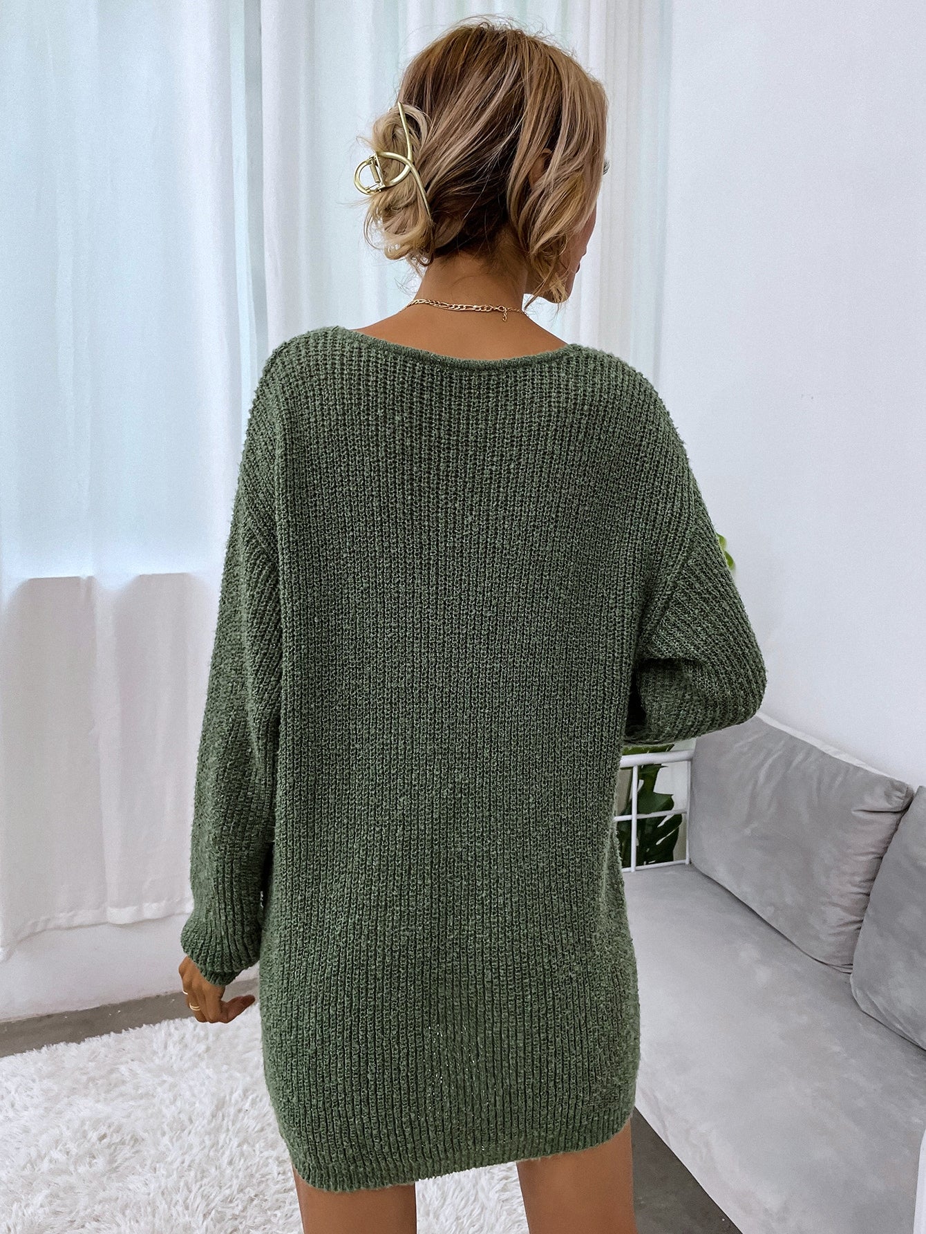 Drop Shoulder Ribbed Knit Sweater Dress