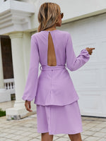 Open Back Lantern Sleeve Belted Layered Hem Dress