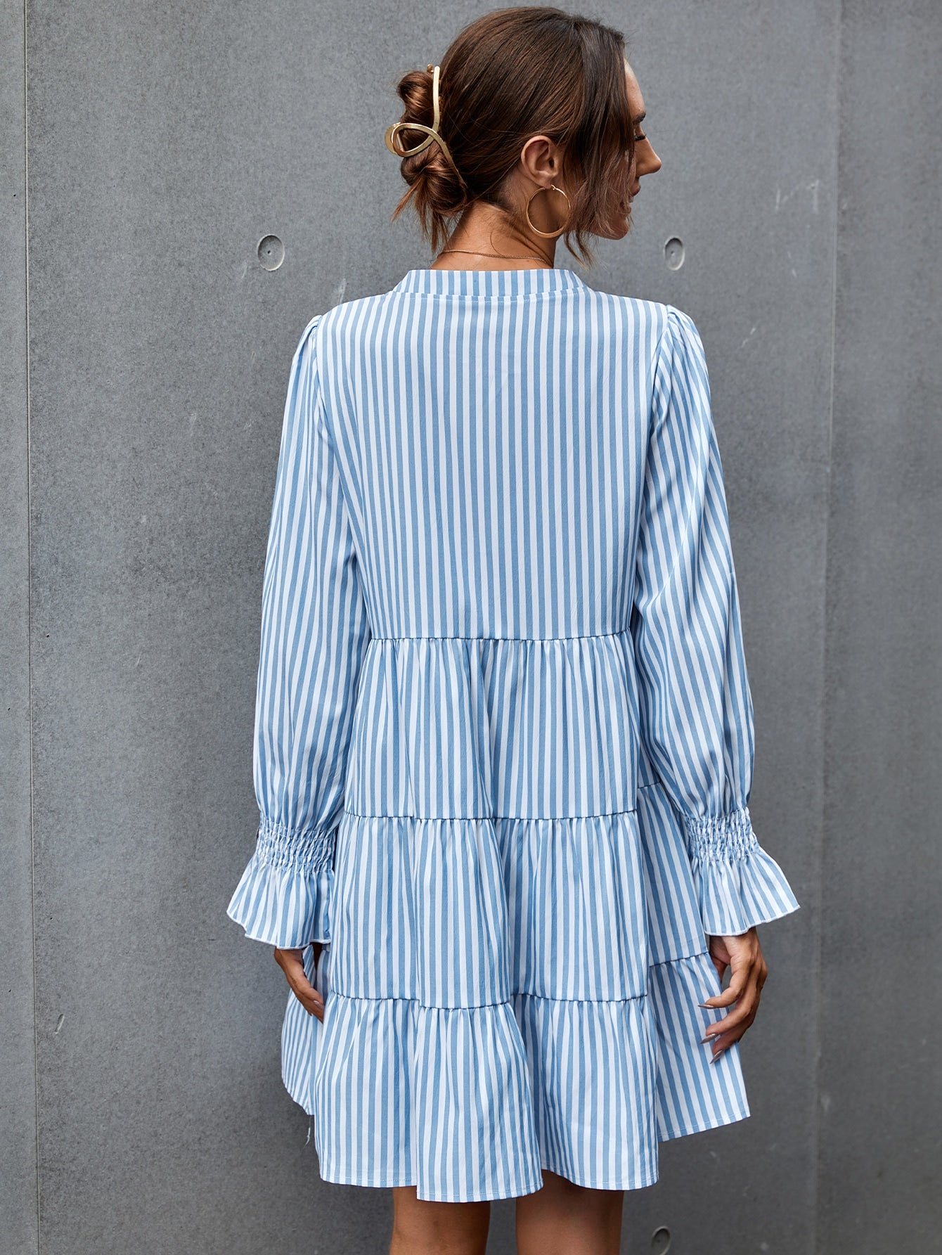 Striped Flounce Sleeve Smock Dress