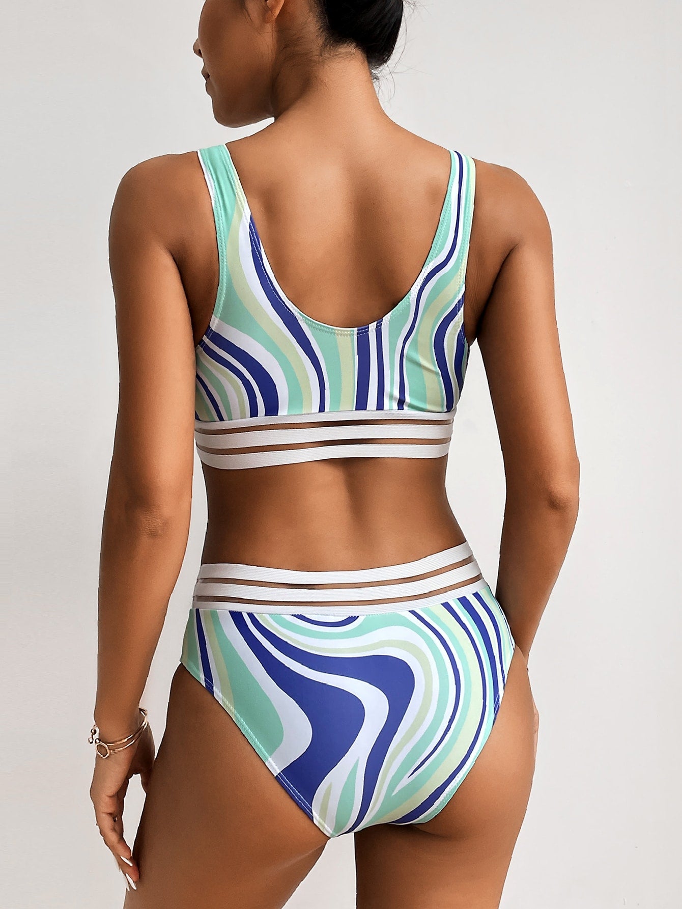 Line Pattern Contrast Mesh Bikini Swimsuit