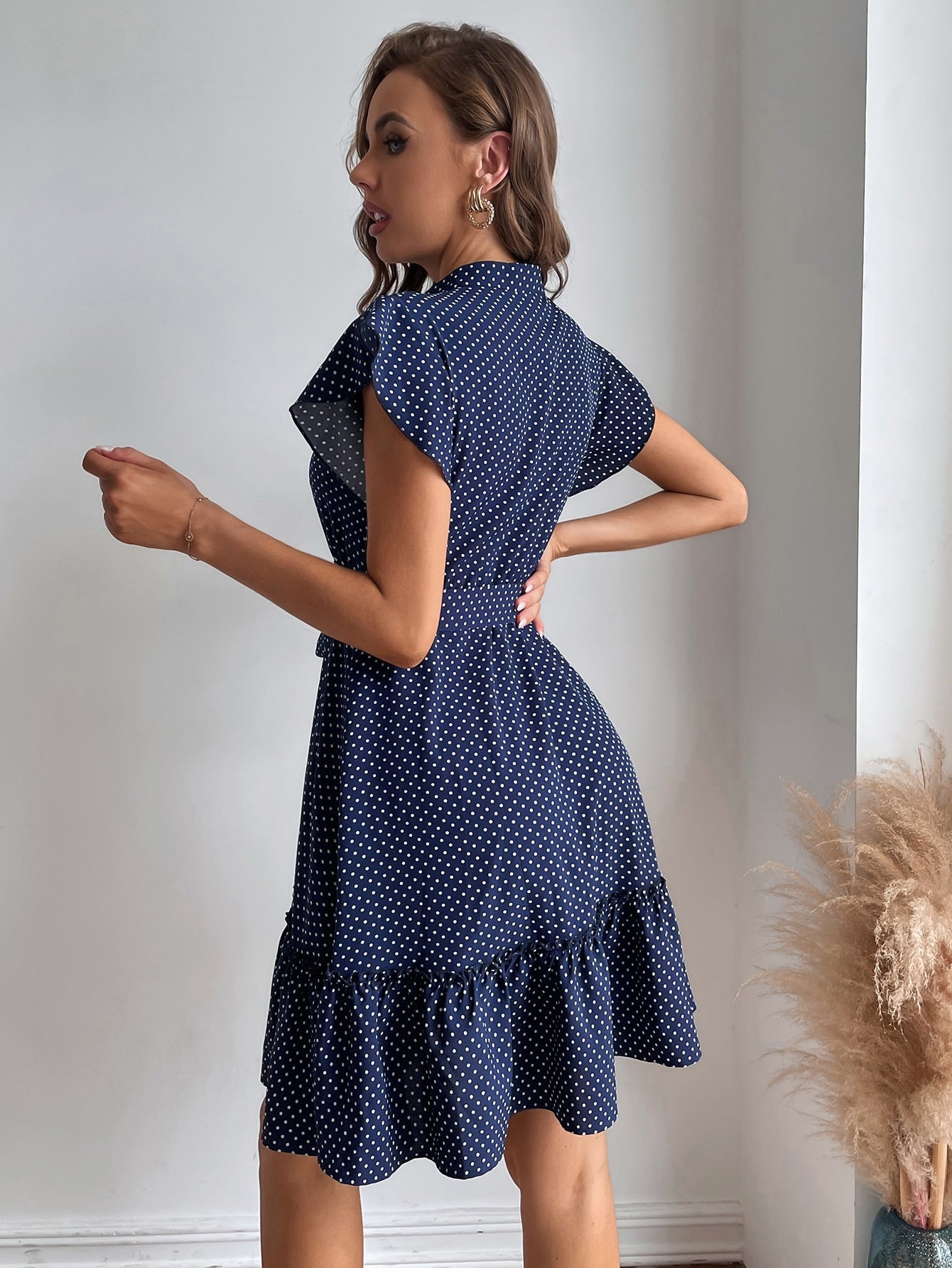 Polka Dot Print Butterfly Sleeve Flounce Hem Belted Dress