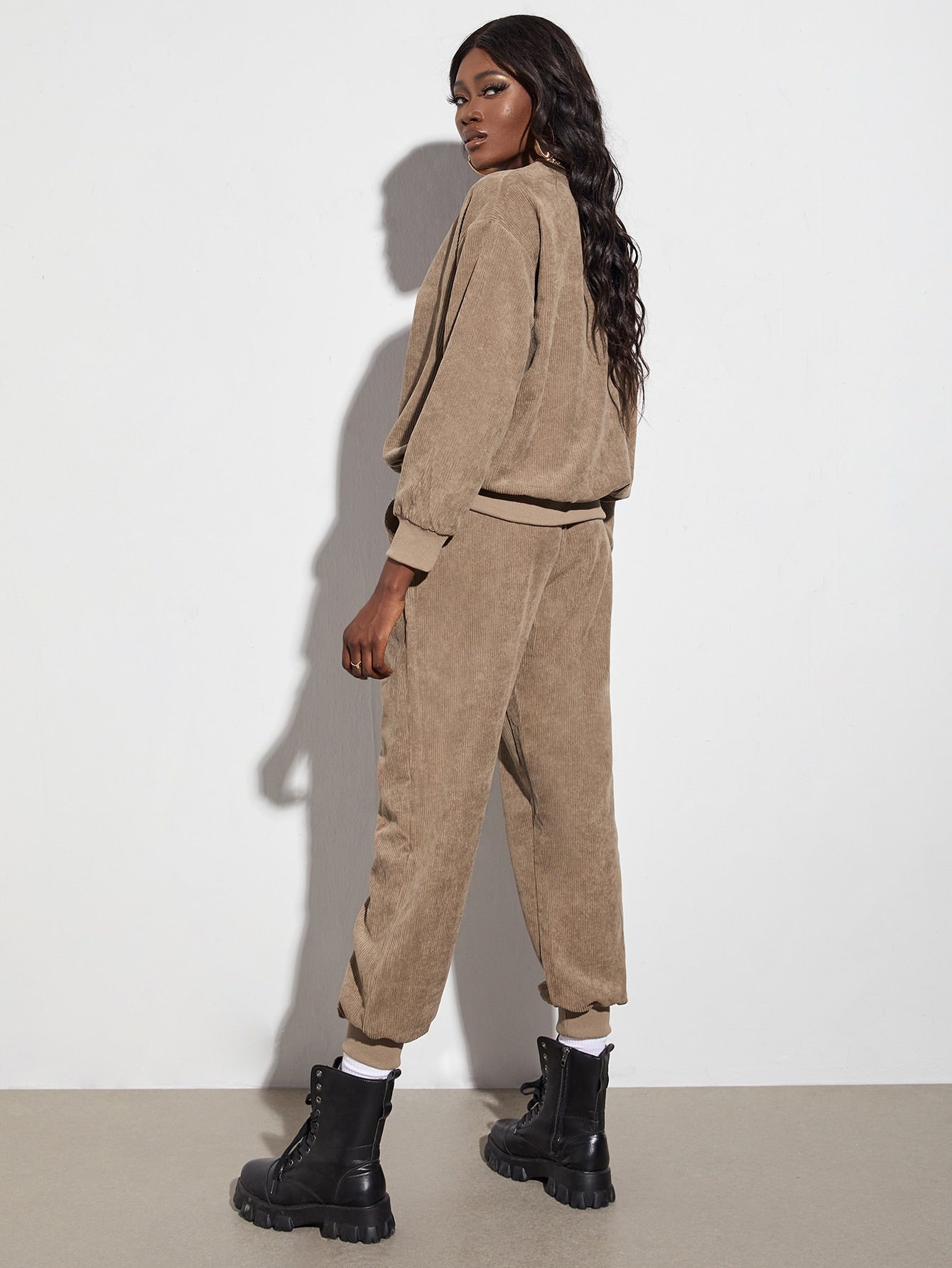 Solid Drop Shoulder Cord Pullover & Pants Set