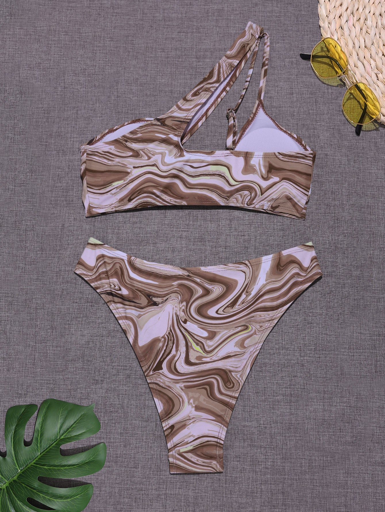 Abstract Fluid Pattern Ring Linked One Shoulder Bikini Swimsuit