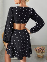 V Neck Polka Dot Print Cut Out Lantern Sleeve Dress