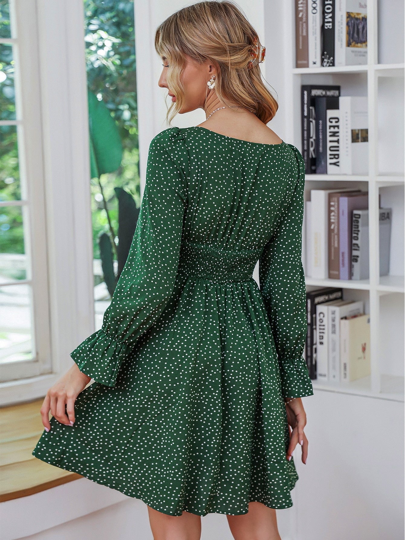 Polka Dot Print Flounce Sleeve Shirred Dress