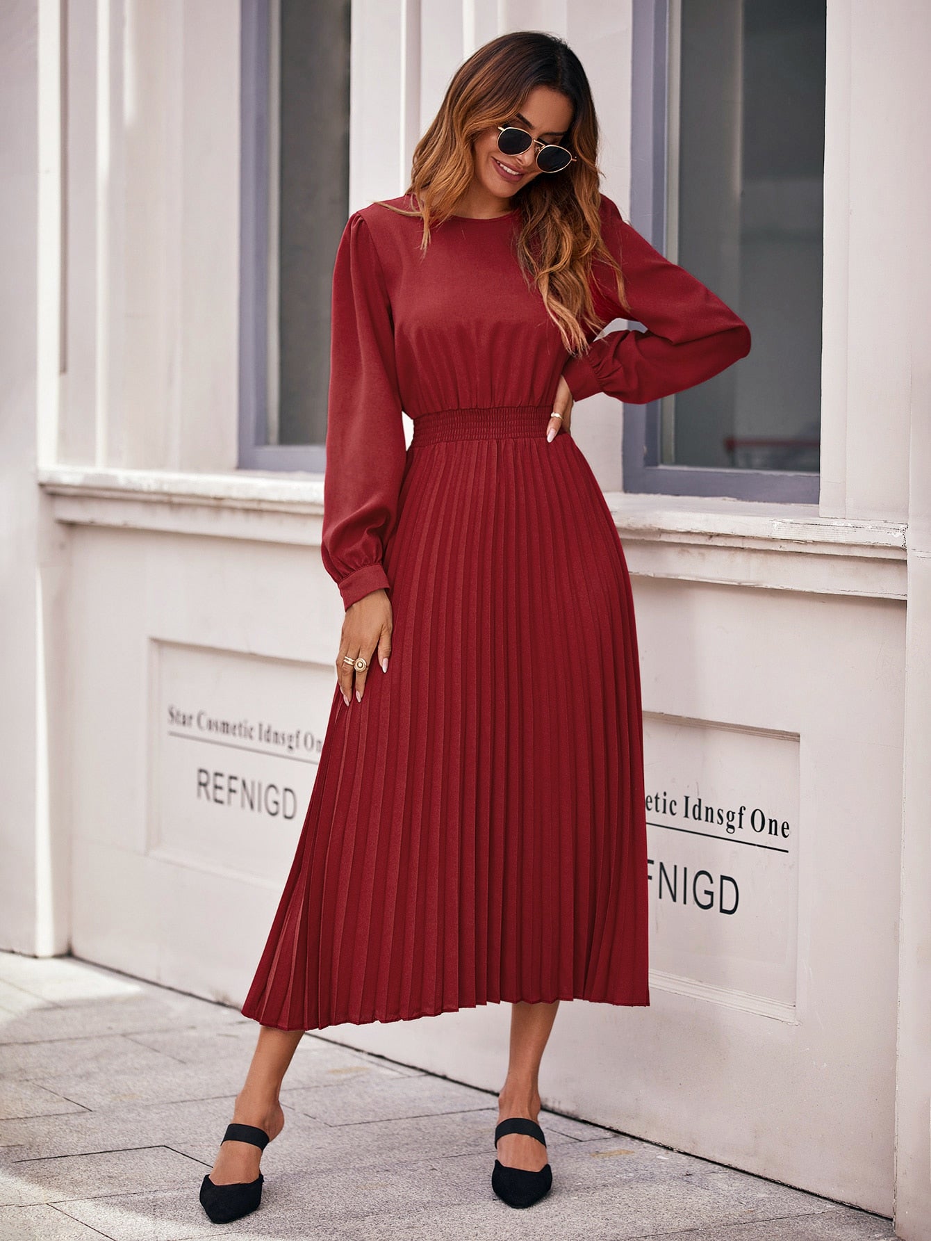 Plain Pleated Long Sleeve Round Neck Pleated High Waist Long Womens Dress Mille Collines Women Dresses Factories new feeling .za