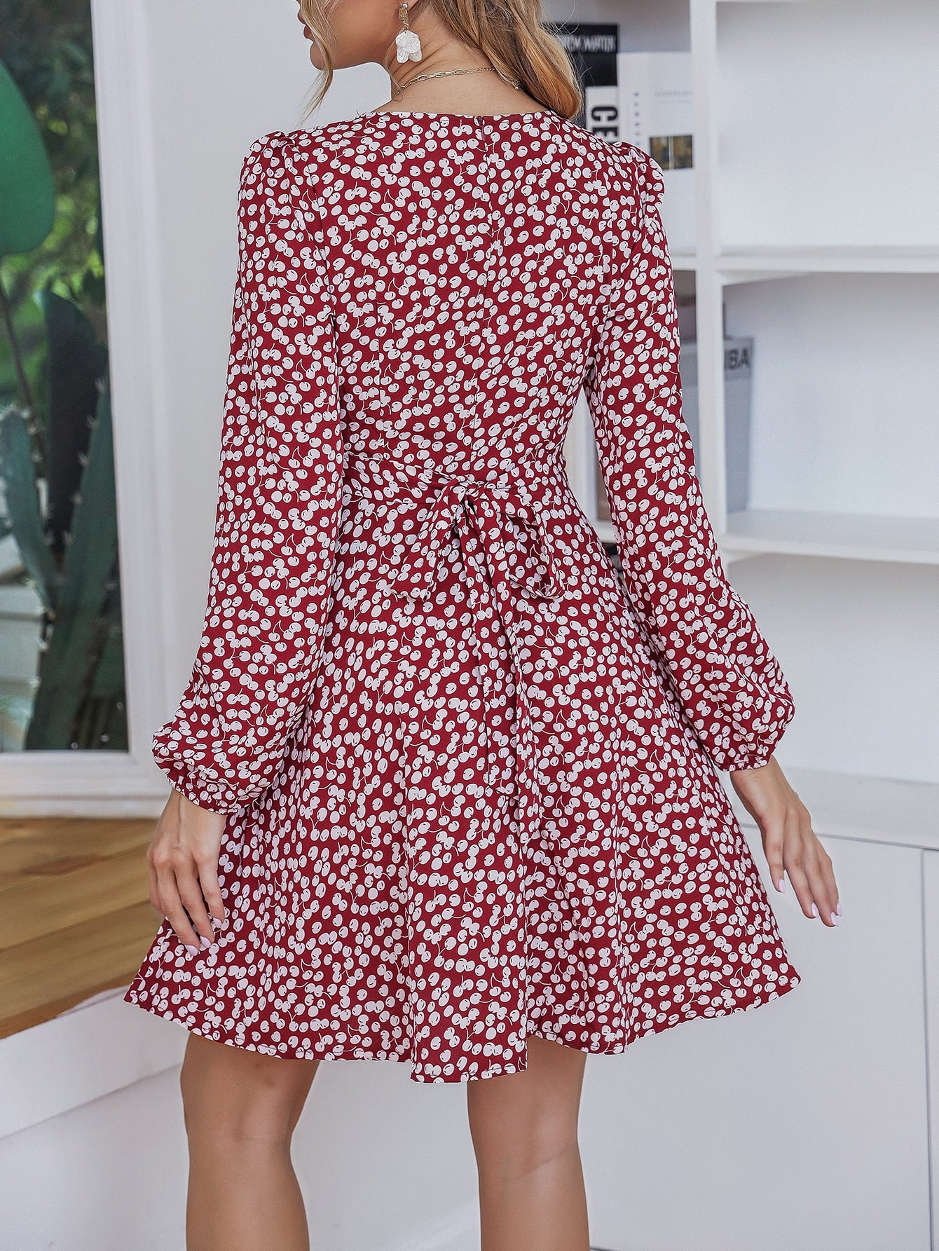 Allover Cherry Print Knot Back Dress