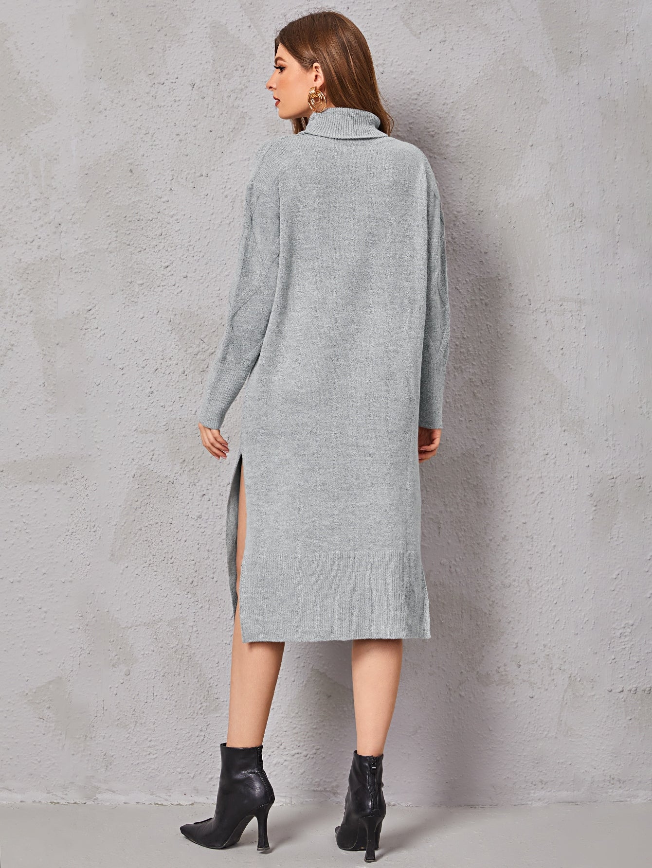 Turtle Neck Slit Hem Sweater Dress Without Belt