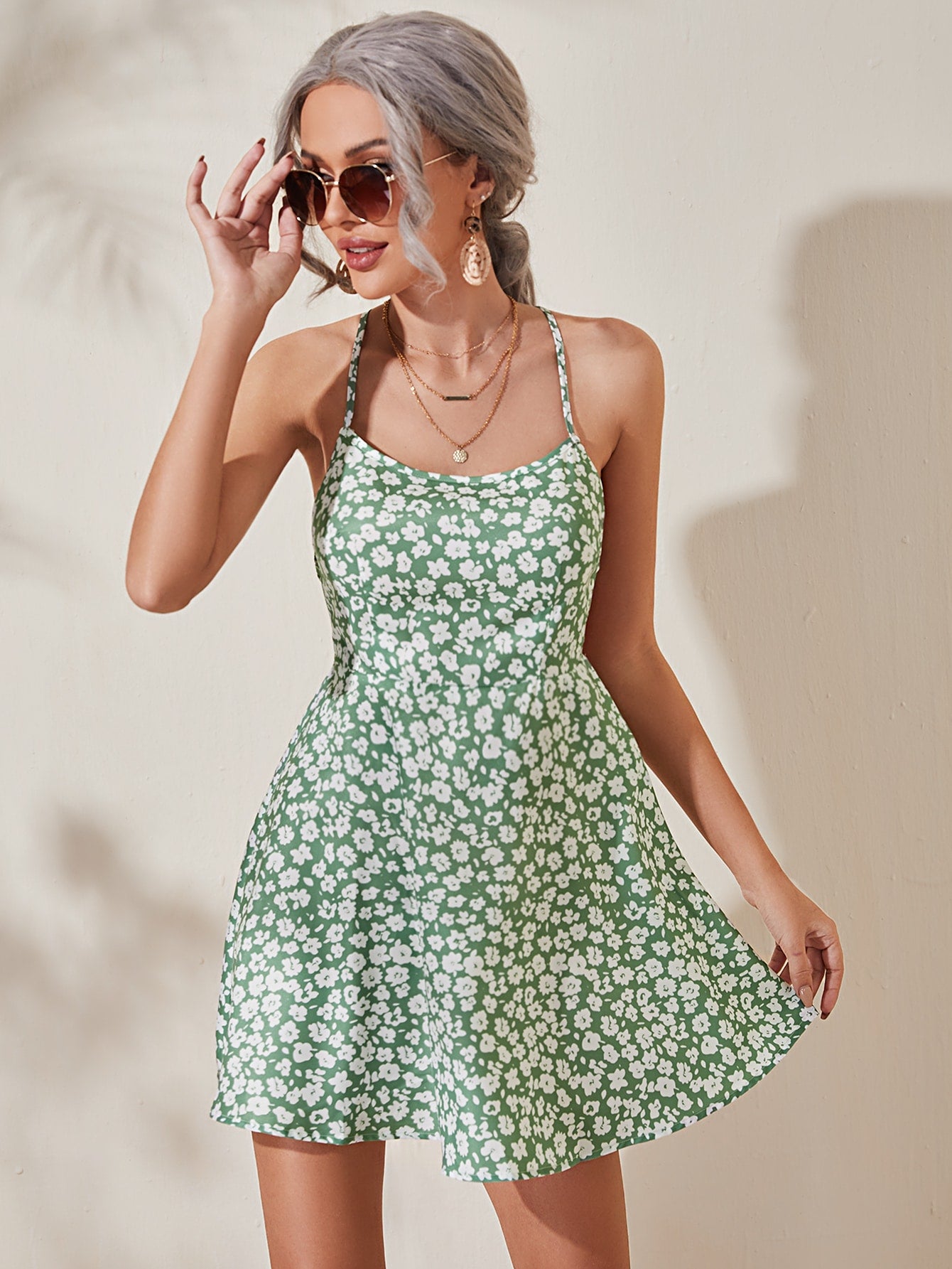 Ditsy Floral Crisscross Tie Back Dress