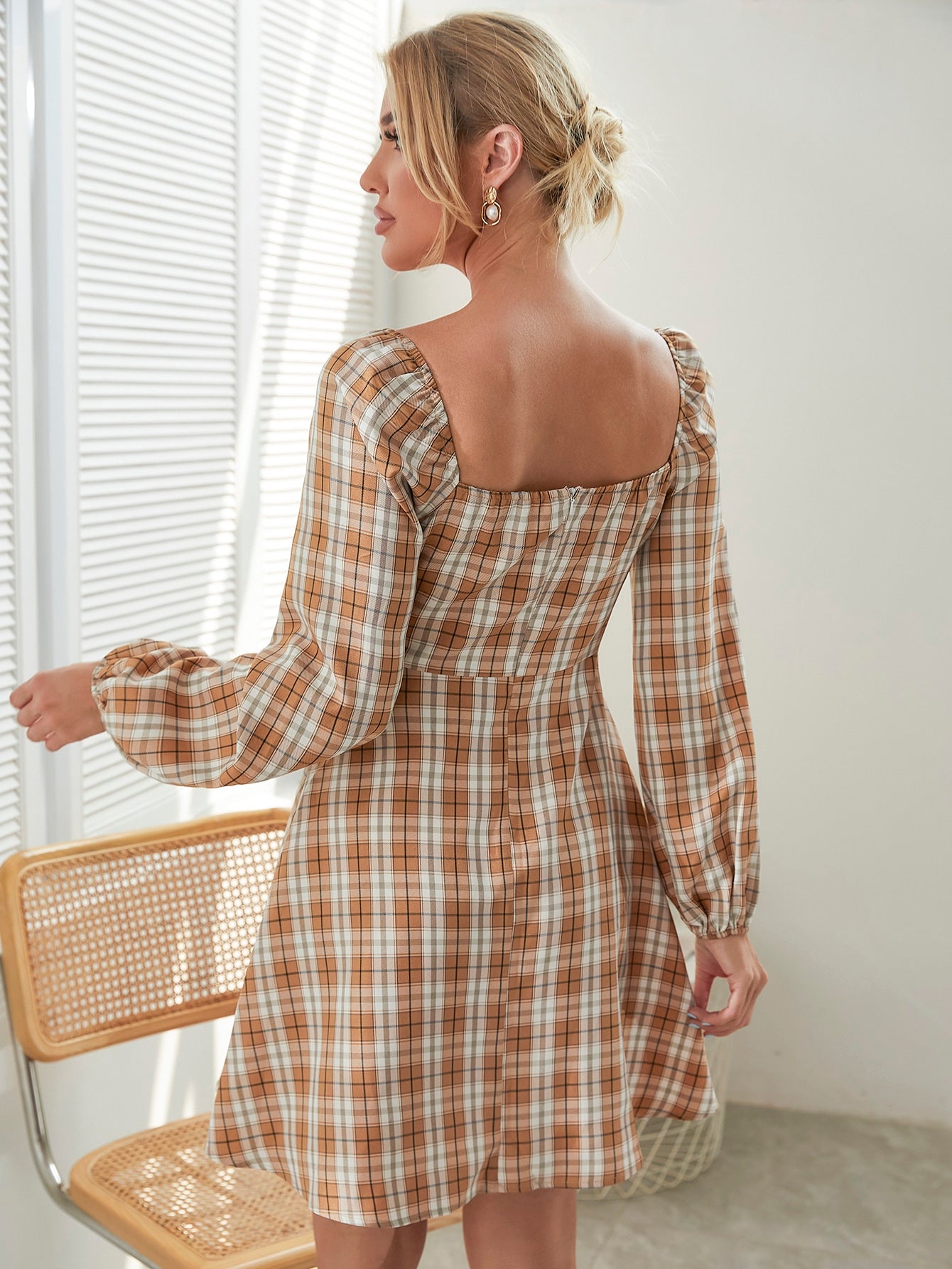 Plaid Print Knot Front Dress