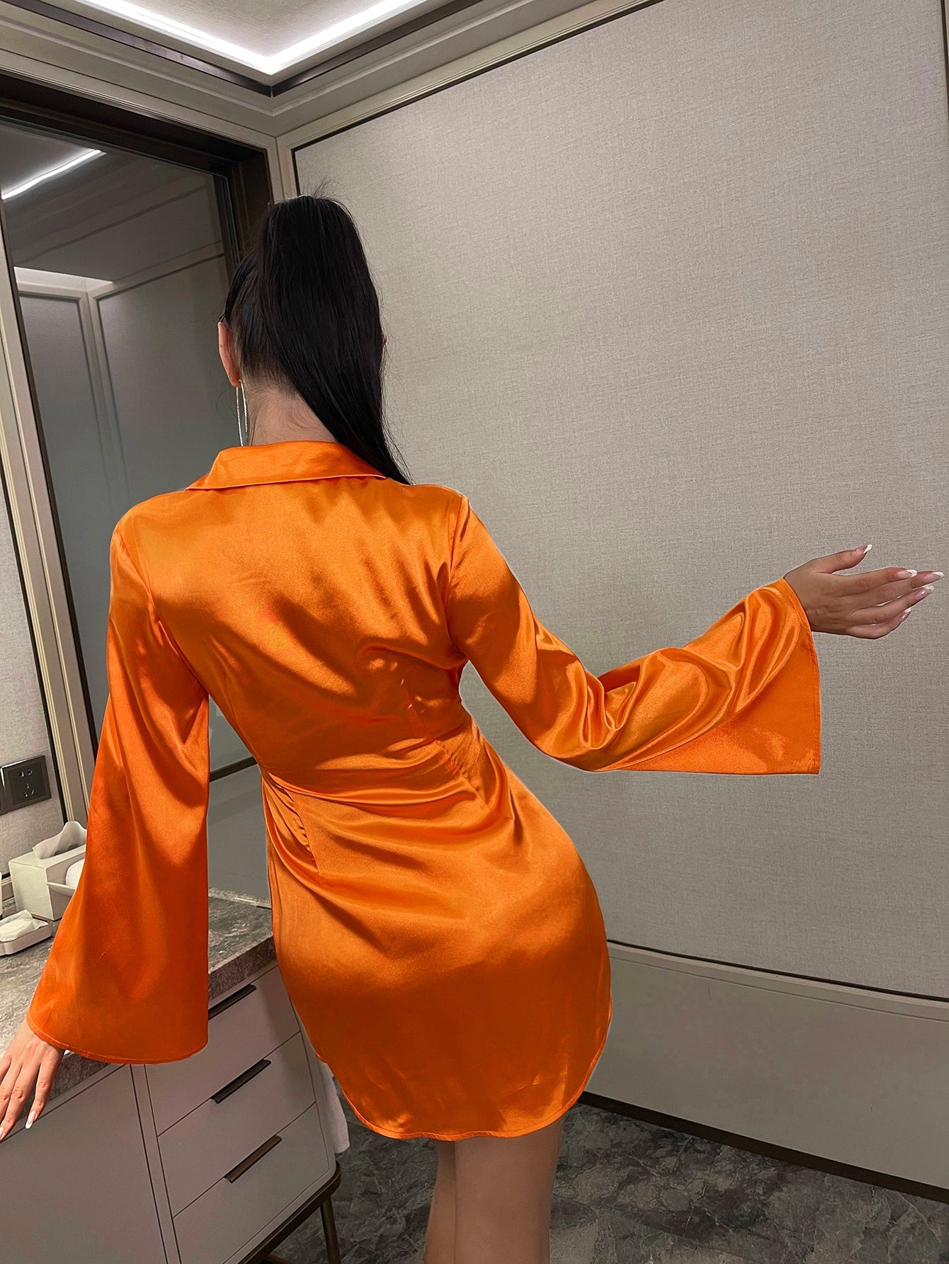 Neon Orange Tie Front Bell Sleeve Shirt Dress