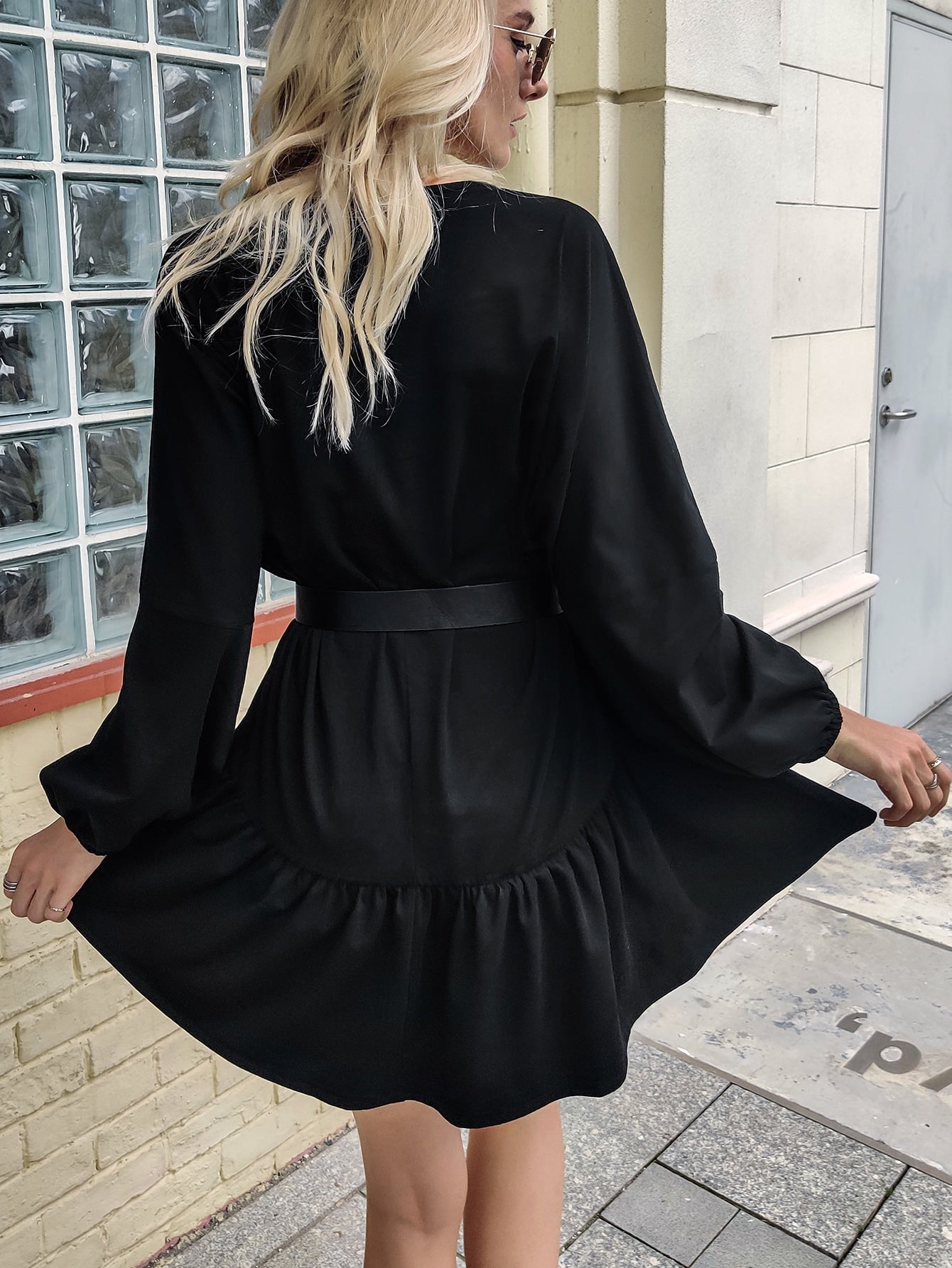 Solid Tie Neck Lantern Sleeve Smock Dress Without Belt