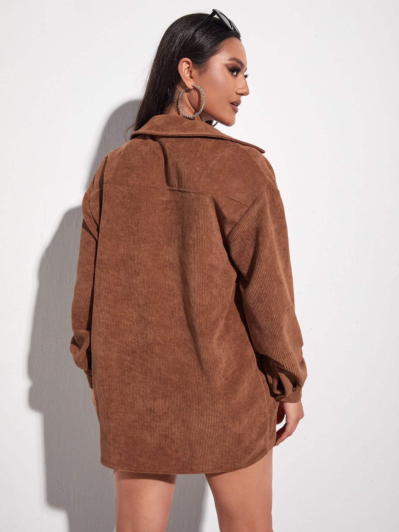 Flap Pocket Drop Shoulder Corduroy Coat