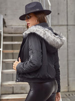 Flap Pocket Fuzzy Hooded Zipper Puffer Coat