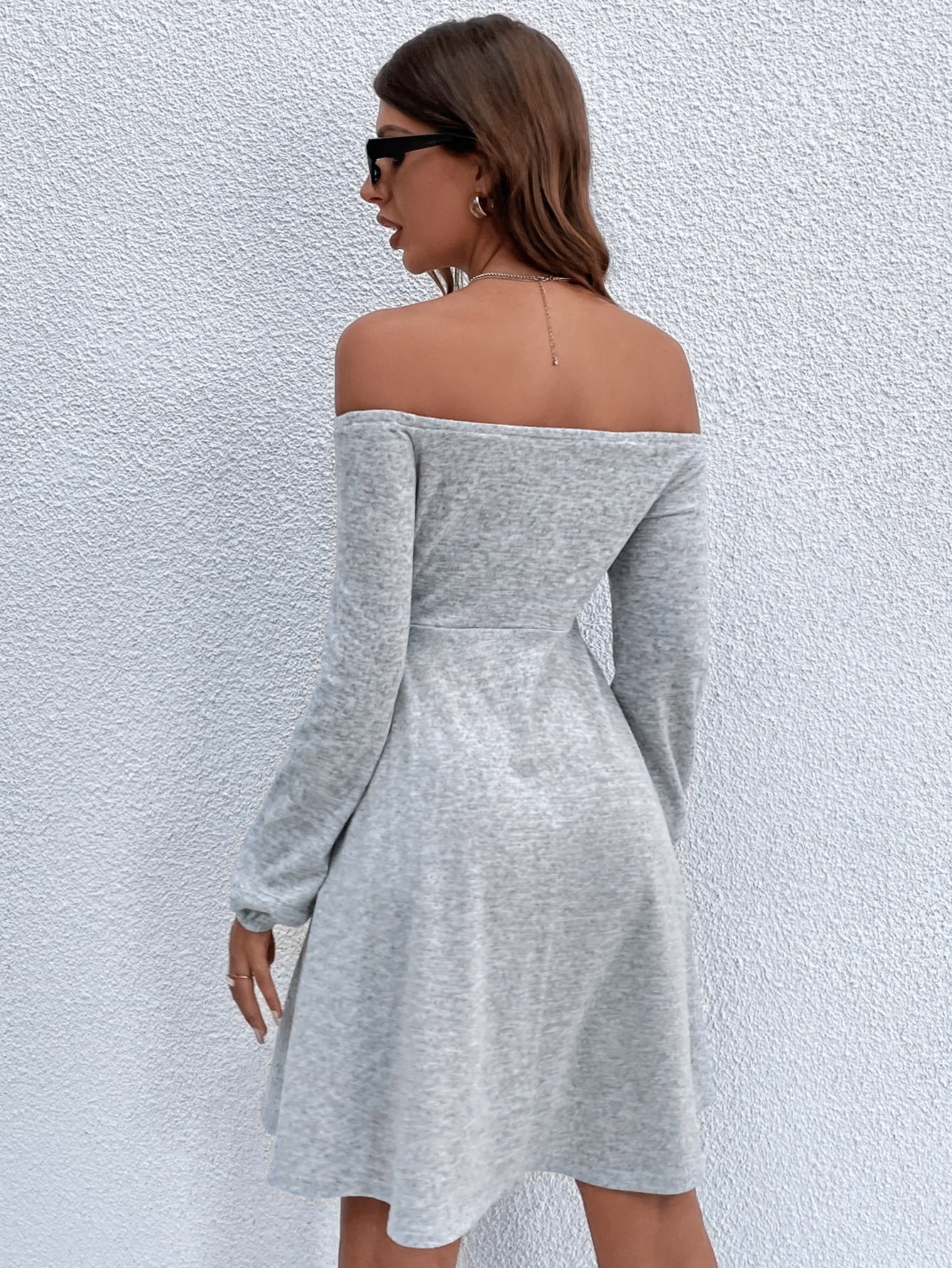 Marled Off Shoulder Flare Hem Dress