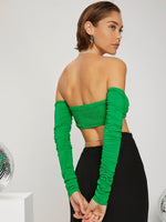 Twist Front Rhinestone Detail Ruched Shirred Crop Top