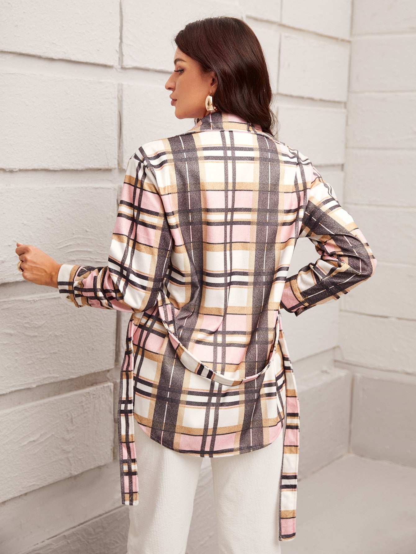 Plaid Print Flap Pocket Belted Coat