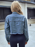 Crop Letter Patched Raw Hem Denim Jacket